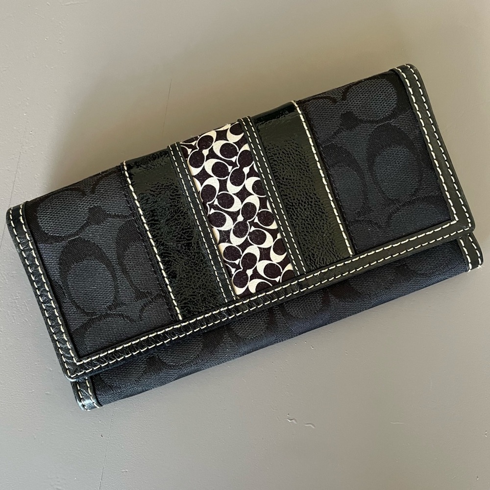 Vintage Coach Signature C Canvas Leather Long Trifold Wallet Black Logo Y2K Vtg